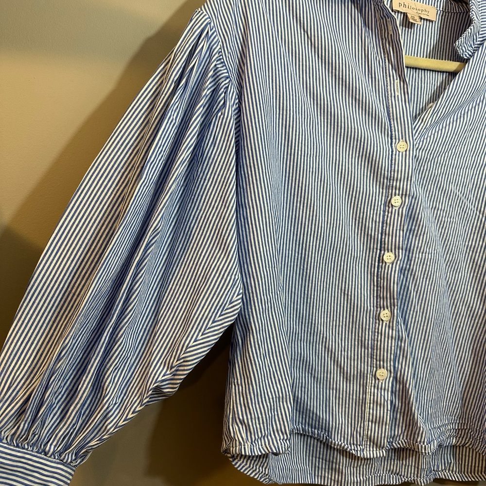 Philosophy brand blue and white striped button-down shirt w/puff sleeves Small - Picture 3 of 8